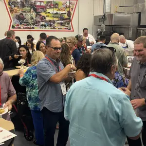 Inside the professional kitchens, standing room only.