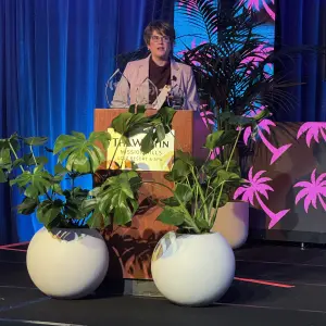 Rebecca Calvin, Stater Bros. Emcee for the Emerging Brands Pitch Contest