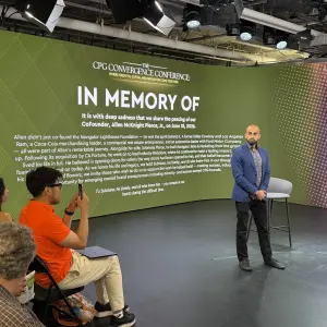 Chirage Sagar, Co-Founder, Mission Matters, asking for a moment of silence in memory of Allen Pierce