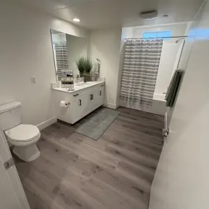 Bathrooms to serve four resients of the apartment building